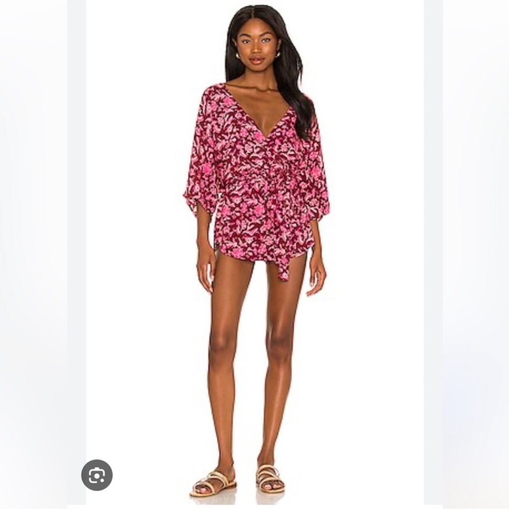 INDAH Sunday Kimono Tie Front Romper in Fuchsia Pink floral Yogya size XS
